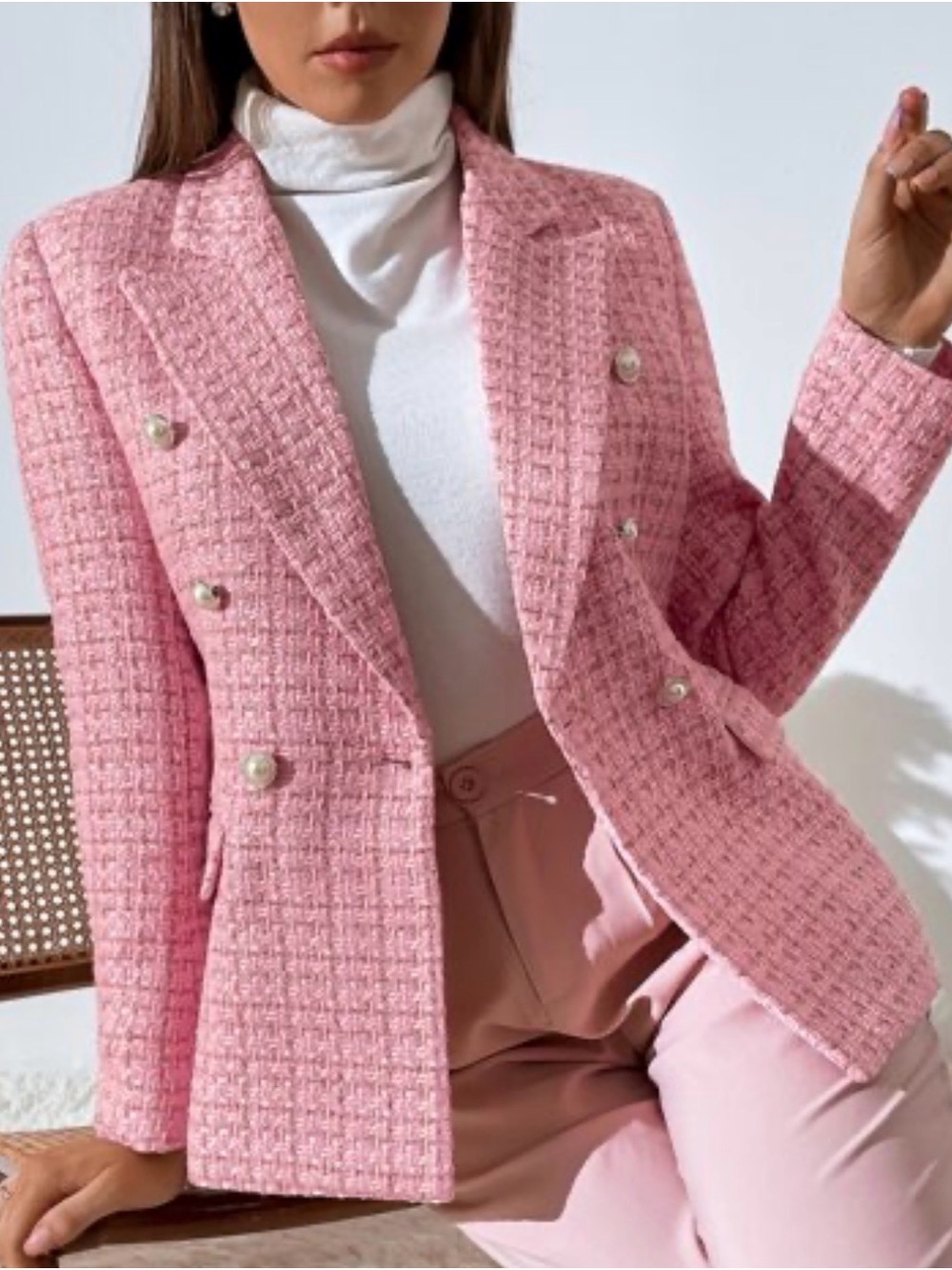 Pink Plaid Tweed Blazer Jacket w/ Pearl Buttons